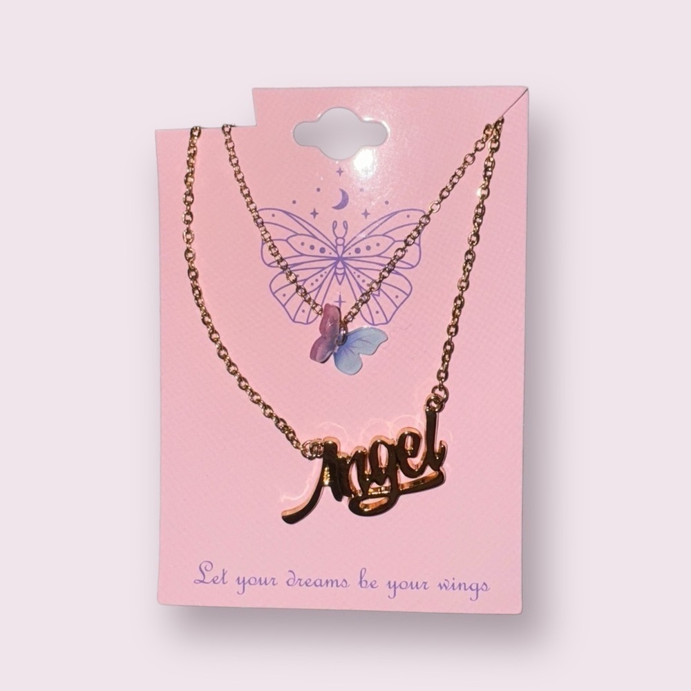 Angel Butterfly Necklace Set Gold Tone Charm Y2K Jewelry NWT